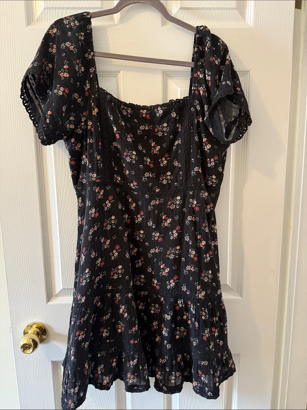 American Eagle Black Floral Mini Dress with Puff Sleeves